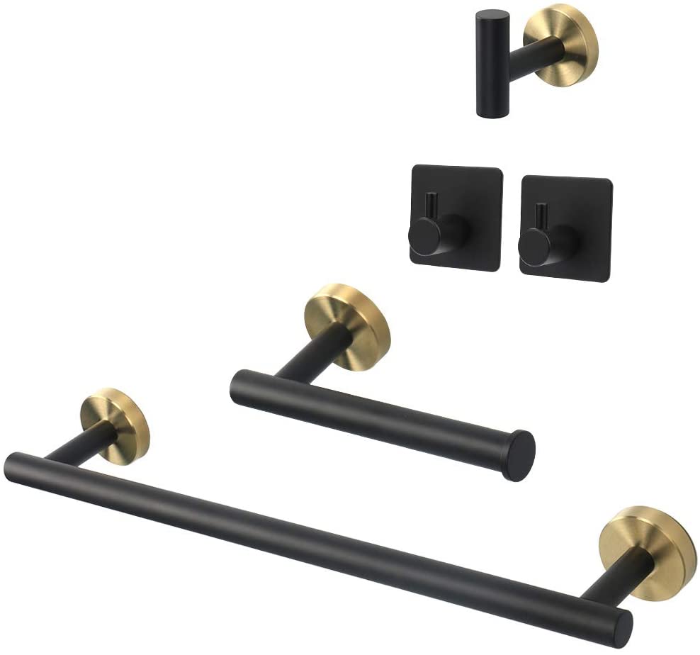 4-Pieces Matte Black Bathroom Hardware Set SUS304 Stainless Steel Round  Wall Mounted - Includes 16 Hand Towel Bar, Toilet Paper Holder, 2 Robe  Towel Hooks,Bathroom Accessories Kit 